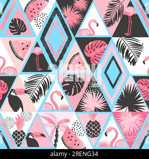 Seamless tropical pattern in patchwork style. Vector trendy background with flamingo, palm leaves. Stock Vector