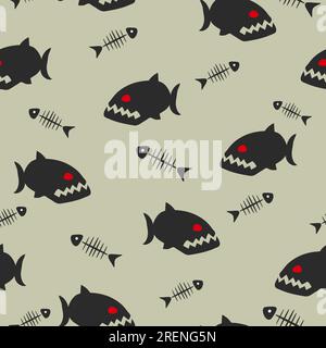 Seamless vector piranha pattern with fish bones. Stock Vector