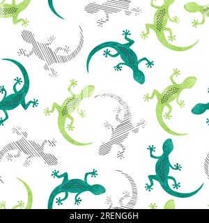 Seamless green watercolor lizard pattern. Stock Vector