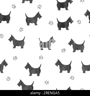 Seamless watercolor black dog pattern. Stock Vector
