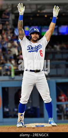 Los Angeles Dodgers' David Peralta (6) celebrates after doubling during the  second inning of a baseball game against the New York Yankees in Los  Angeles, Sunday, June 4, 2023. (AP Photo/Ashley Landis