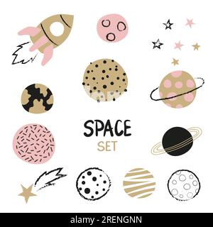 Set of hand drawn space element - rocket, planets and stars isoleated on white. Childish vector illustration. Stock Vector