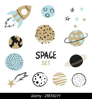 Set of hand drawn space element - rocket, planets and stars. Childish vector illustration. Stock Vector