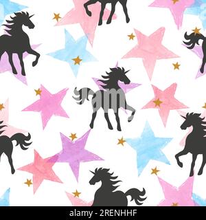 Vector seamless pattern with unicorns and colorful watercolor stars. Stock Vector