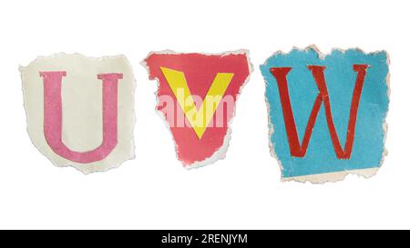 U, V and W alphabets on torn colorful paper . Ransom note style letters. Stock Photo