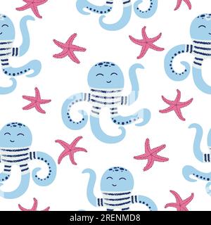 Seamless sea pattern with cute octopus and starfish. Stock Vector