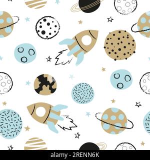 Seamless vector childish space pattern with hand drawn planets and rockets. Stock Vector