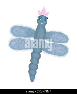 Cute kawaii dragonfly with crown, colorful illustration in blue and pink colors Stock Vector