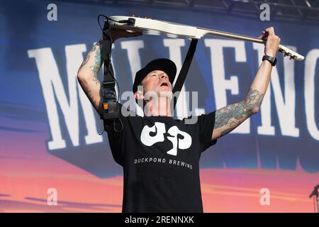 Fredrikstad, Norway. 28th, July 2023. The Swedish punk rock band Millencolin performs a live concert during the Norwegian festival Maanefestivalen 2023 in Fredrikstad. Here guitarist Mathias Färm is seen live on stage. (Photo credit: Gonzales Photo - Per-Otto Oppi). Stock Photo