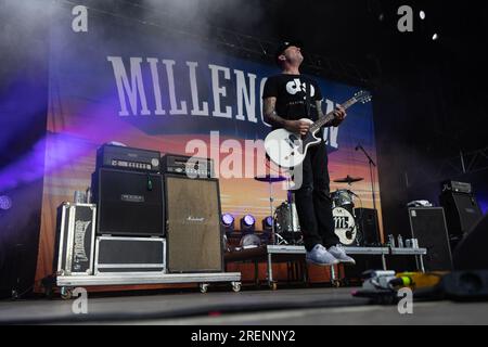 Fredrikstad, Norway. 28th, July 2023. The Swedish punk rock band Millencolin performs a live concert during the Norwegian festival Maanefestivalen 2023 in Fredrikstad. Here guitarist Mathias Färm is seen live on stage. (Photo credit: Gonzales Photo - Per-Otto Oppi). Stock Photo