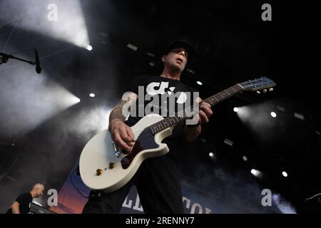 Fredrikstad, Norway. 28th, July 2023. The Swedish punk rock band Millencolin performs a live concert during the Norwegian festival Maanefestivalen 2023 in Fredrikstad. Here guitarist Mathias Färm is seen live on stage. (Photo credit: Gonzales Photo - Per-Otto Oppi). Stock Photo