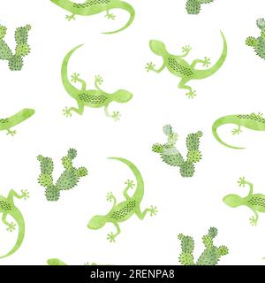 Vector seamless pattern with green watercolor lizard and cactus. Stock Vector