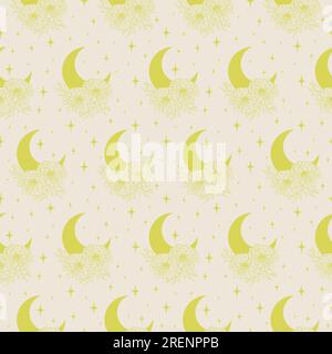 Moon with flowers and stars yellow seamless pattern Stock Vector