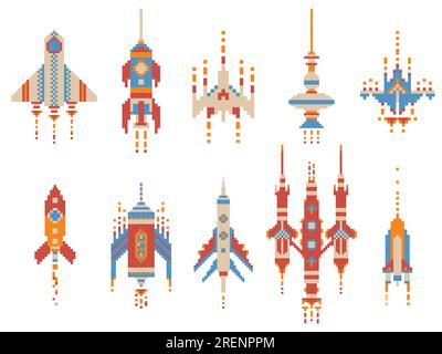 Retro Space Flying Rockets and Ships Pixelart Set Stock Vector