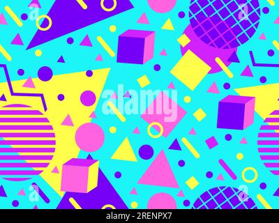 Geometric seamless pattern with 3d shapes in 80s memphis style. Isometric 3D geometric shapes in different colors. Design for printing on paper, banne Stock Vector