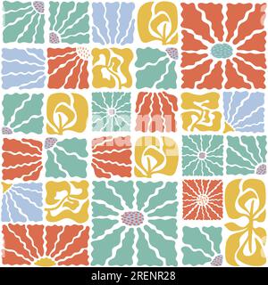 Tile with abstract flowers, wavy leaves. Trendy modern colors square form foliage seamless pattern for package, wallpaper, background. Stock Vector