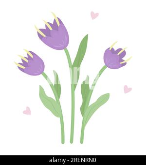 Three purple flowers, cute kawaii illustration Stock Vector