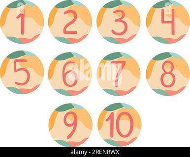 Hand drawn numbers from One to Ten in circles with abstract shaped background. Vector illustration Stock Vector