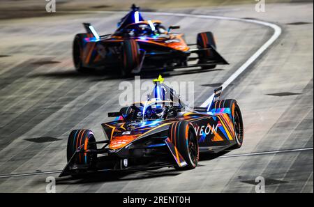 NEOM McLaren’s Jake Hughes followed by team mate Rene Rast during practice one ahead of the 2023 Hankook London E-Prix at the ExCel Circuit, London. Picture date: Friday July 28, 2023. Stock Photo