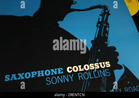 Viersen, Germany - June 9. 2023: Closeup of Jazz vinyl record cover of american saxophonist Sonny Rollins Saxophone Colossus Stock Photo