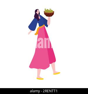 beautiful young girl carrying ketupat in basket muslim traditional culture food eid mubaarak or qurban celebration Stock Vector