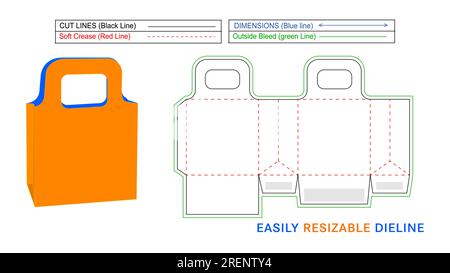 Paper shopping bag with handle cut, resizeable die line template and 3D vector box Stock Vector