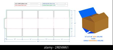 Mailer shipping box corrugated custom box die line template and 3D box Stock Vector