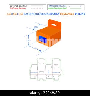 Hanging window box, snap bottom lock mobile charger box, 2.50x2.50x1.50 box die line packaging design and 3D box Stock Vector