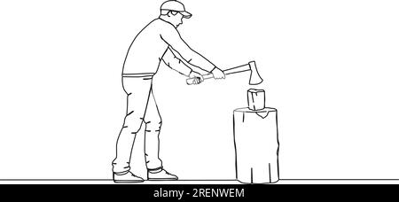 continuous single line drawing of man chopping wood with axe, line art vector illustration Stock Vector