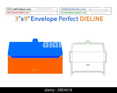 Custom invitation card envelope 3x9inch die line template and 3D vector envelope Stock Vector