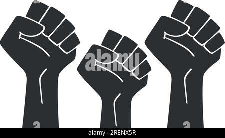 Raised three fists outline isolated on a white background. Clenched fist held in protest. Revolution fist raised in the air. Vector illustration Stock Vector