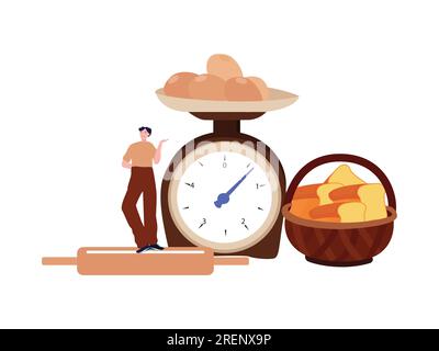 bread basket healthy freshness carbohydrate food with scale kilogram and rolling pin kitchen tools young man wear casual Stock Vector