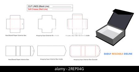 Triangle face luxury rigid box, Magnetic Rigid Boxes die line template and 3D box Stock Vector