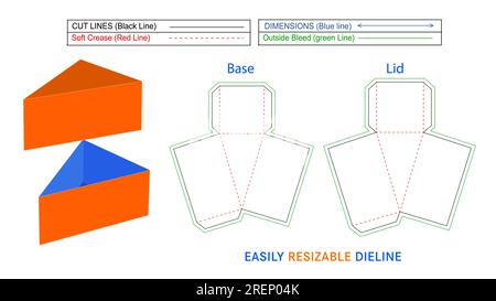 Triangle Cake slice box packaging, Birthday cake slice box die line template and 3D render, resizeable and editable vector file Stock Vector