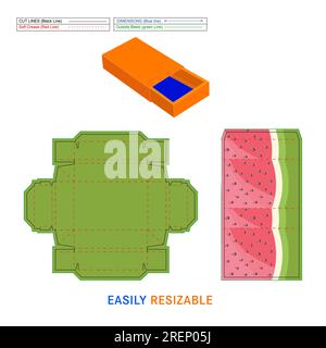 Watermelon Flavour Chocolate Box packaging design print ready file, drawer sleeve match box die line template and 3D box Stock Vector