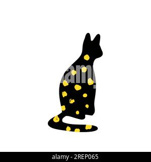 Textured black cat illustration in yellow dots isolated on white Stock Vector