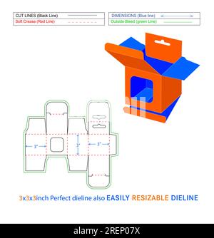 Snap lock mobile charger box, Hanging window box 3x3x3 inch box die line packaging design and 3D box Stock Vector