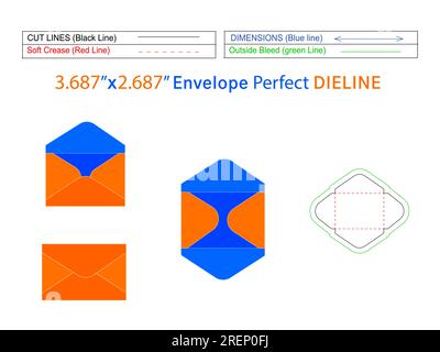 Paper Plain mini envelope template 3.687x2.687 inch die line template and 3D envelope editable easily resizeable Stock Vector