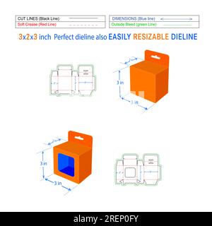 Paper Rectangular Mobile Charger Packaging Box, Hanging window box 3x2x3 inch box die line template and 3D box Stock Vector