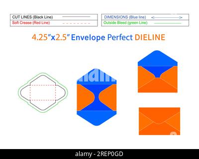 Plain mini envelope template 4.25x2.5 inch die line template and 3D envelope editable easily resizeable Stock Vector