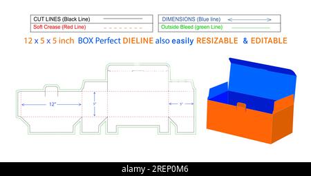 Large size Surgical face mask box die line and 3D box vector file 12 x 5 x 5 inch box die line also resizeable and editable Stock Vector