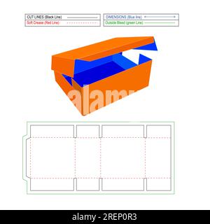 One paper foldable shipping box die line template and 3D vector render Stock Vector