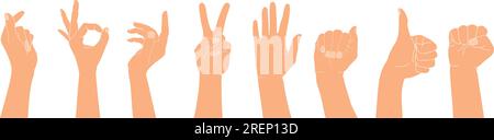 Set of raised human hands with different gestures. Isolated vector illustration of human hands Stock Vector