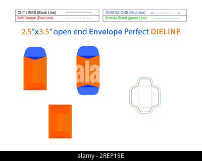 2.25x3.5 inch Open end envelope or Catalogue envelope die line template and 3D envelope editable easily resizeable Stock Vector