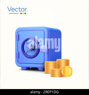 3d blue vault or Safe box, stacks of coins in minimal style, isolated on background. Concept for saving, keeping money, bank, storage, secured. 3d vector illustration. Vector illustration Stock Vector