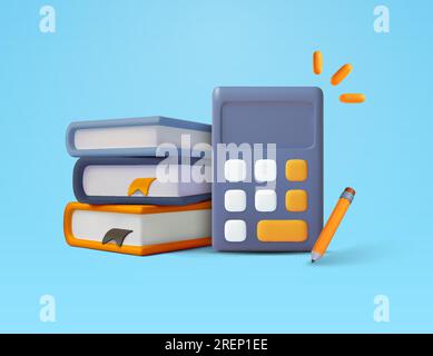 3d pile of books with bookmark, calculator, pencil, isolated on background. Concept for back to school and class, learning, math and science, accounting, bookkeeping. 3d vector illustration. Vector illustration Stock Vector