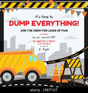 A vector illustration of Construction Dump Truck Themed Party Invitation Card Stock Vector