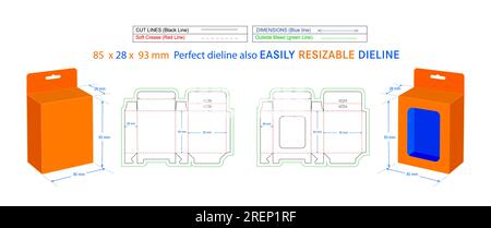 Snap bottom lock Hanging window box, 85 x 28 x 93 mm box dieline packaging design and 3D box vector art Stock Vector
