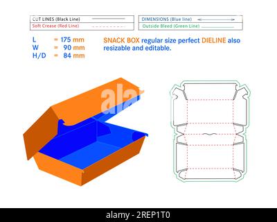 Snack box regular size perfect die line 175 x 90 x 84 mm Size or snack box Die-cut template Self Assembly Eco-friendly, No Glue Needed box, Stock Vector