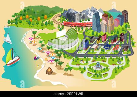A vector illustration of City Mountain Beach Park Buildings Landscape Stock Vector